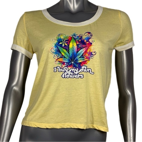 The Blind Medium | Yellow Ringer Crop Top ‘I Buy My Own Flowes’ Purple Graphic - Picture 2 of 12